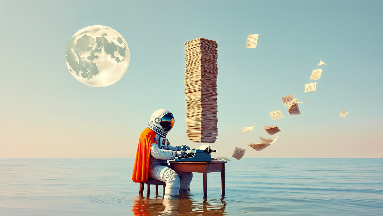 Astronaut with an orange cape typing numbers at a desk in the sea, next to a tower of papers