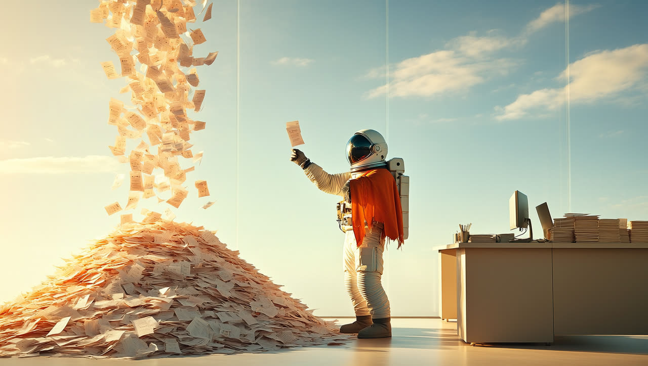 Astronaut standing under a rain of paper invoices piling up in an office