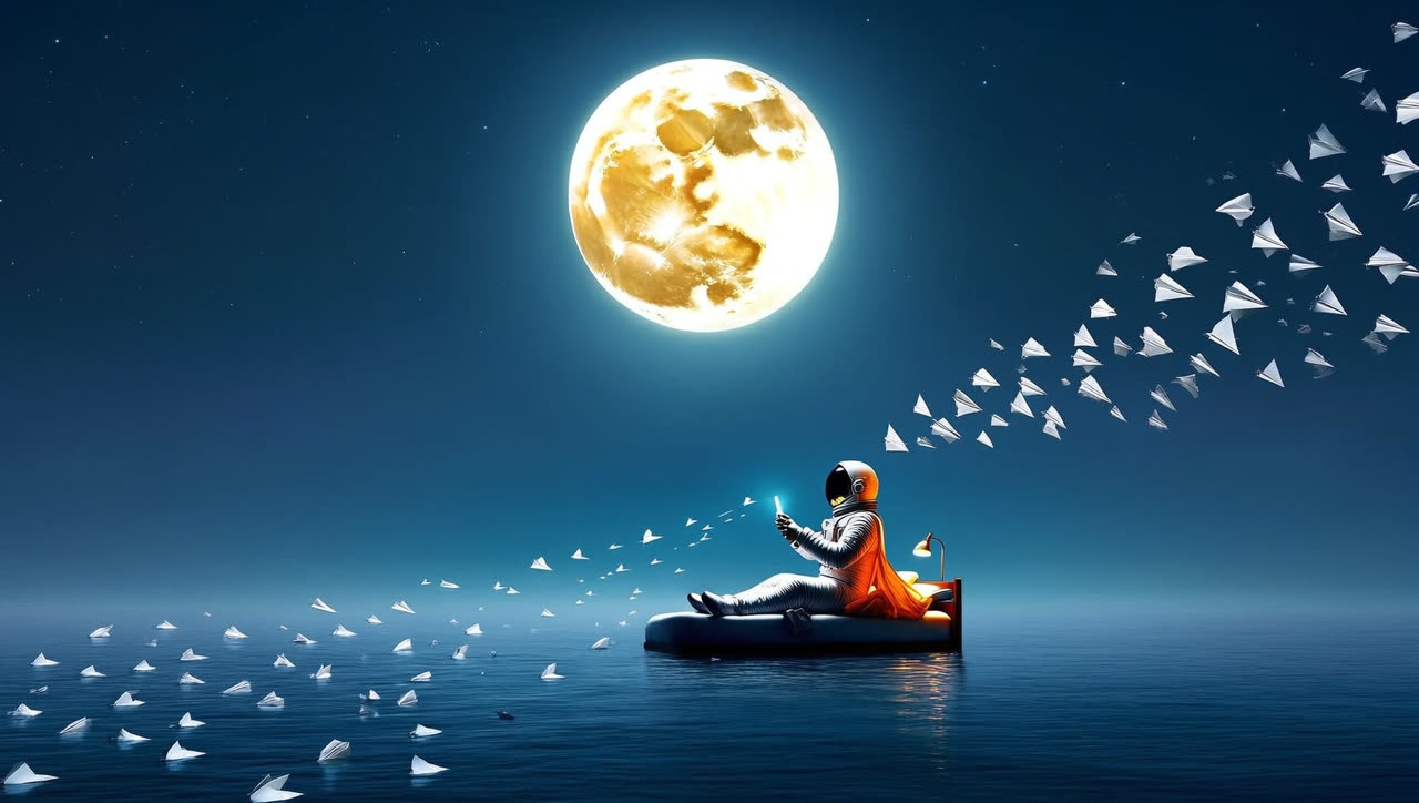 Astronaut on a floating bed at night answering a glowing phone while paper planes fly toward him
