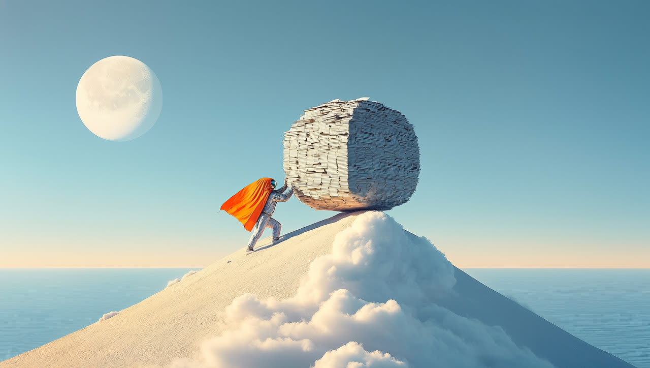 Astronaut pushing a boulder made of charts up a hill of clouds