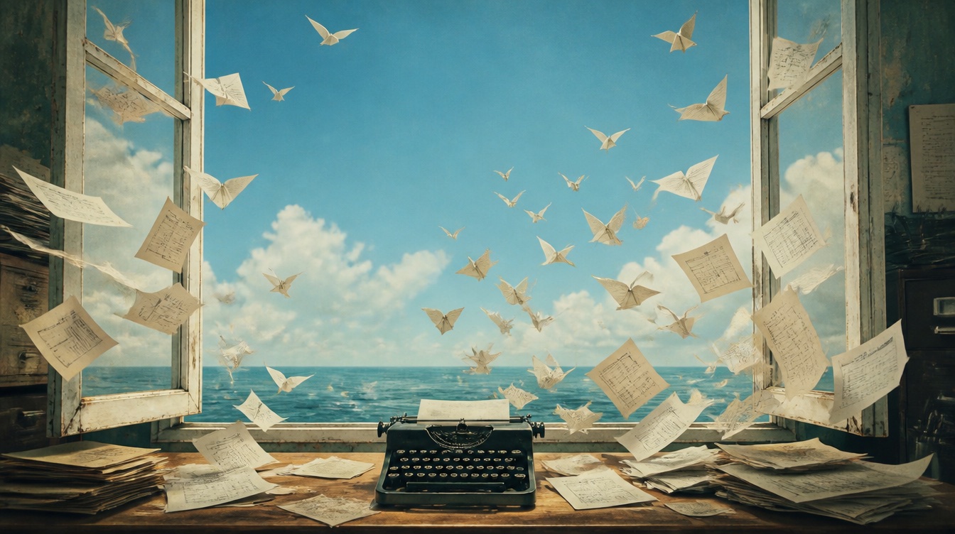 Desk with a typewriter and papers flying through the clouds