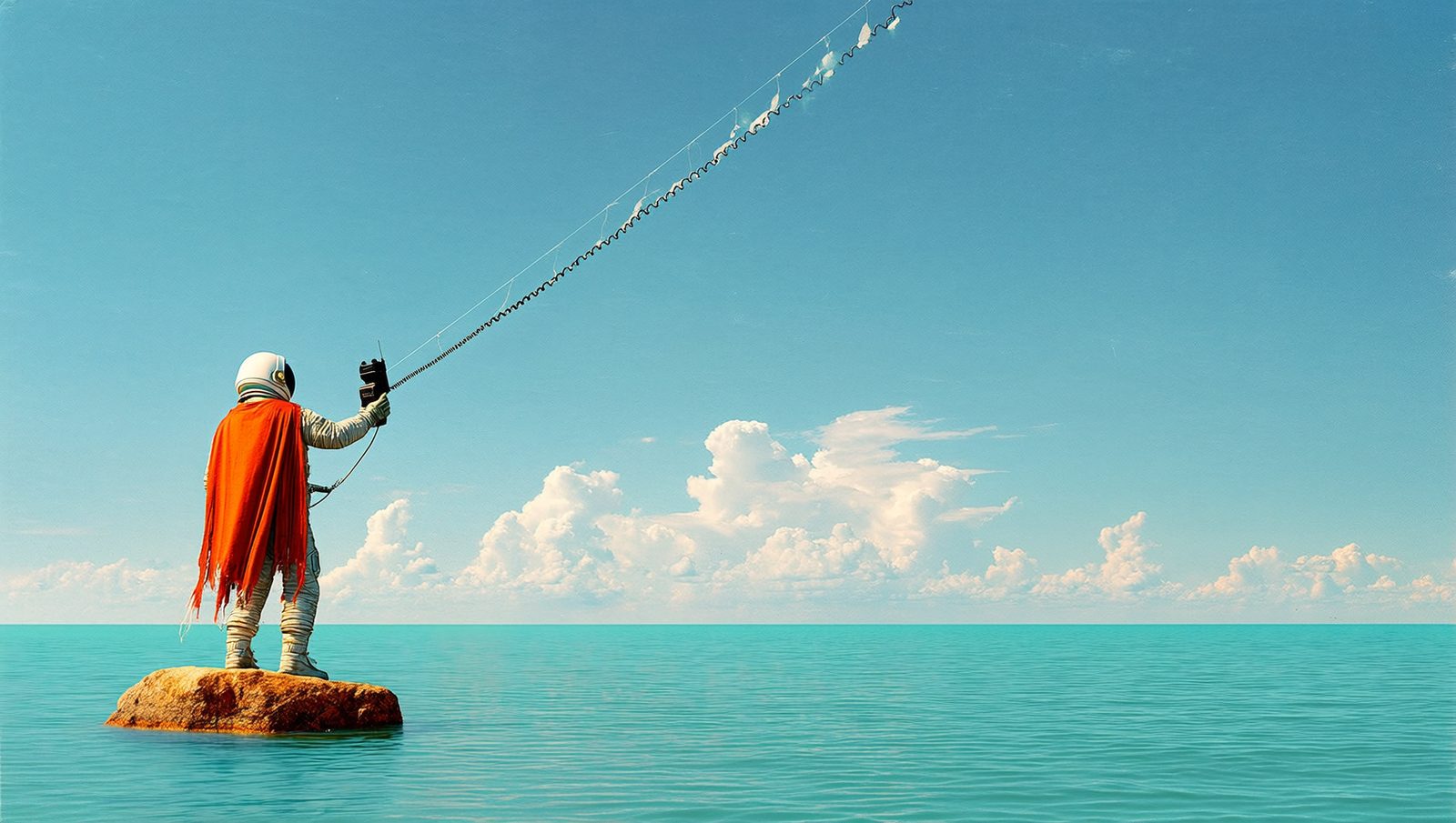 Astronaut with an orange cape on a rock in the sea, holding a line of messages flying into the sky
