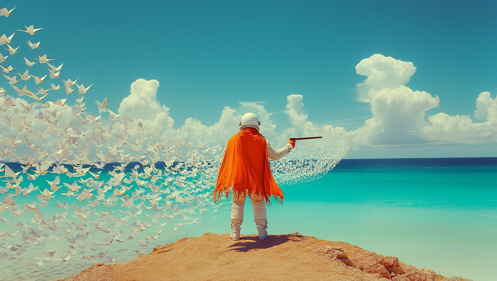 Astronaut with an orange cape on a cliff directing a flock of paper birds over the sea