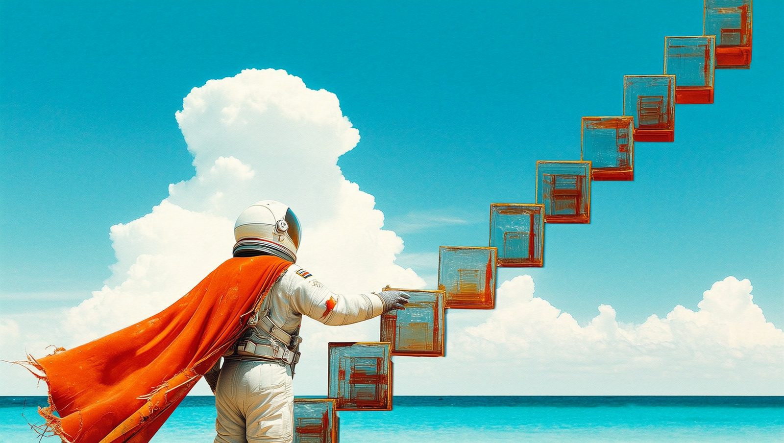 Astronaut with an orange cape climbing a stair of floating boxes into the sky