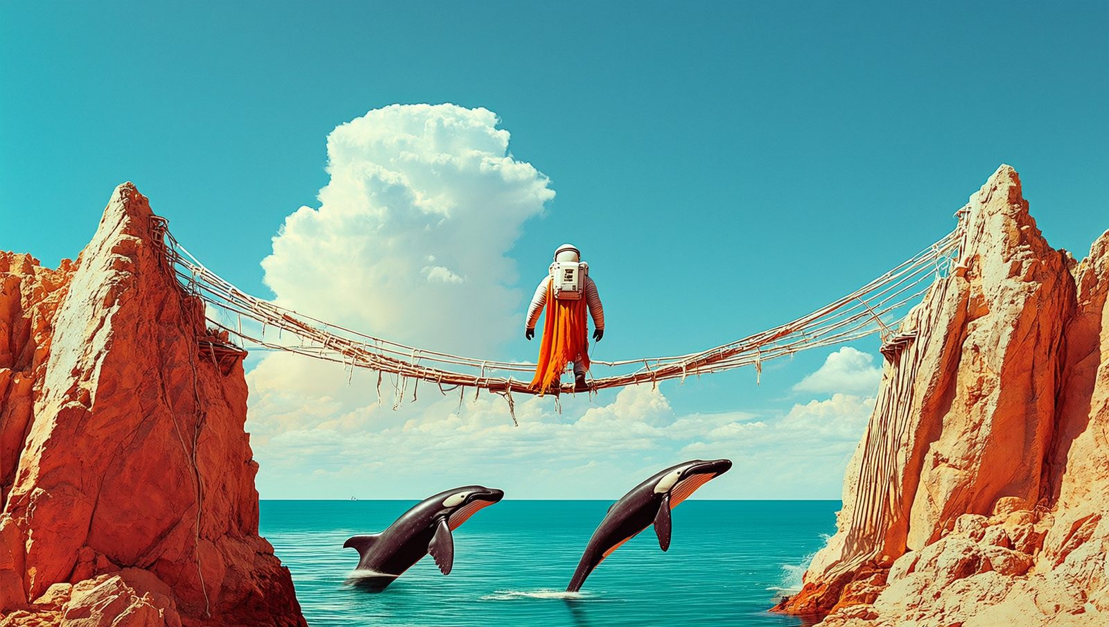 Astronaut crossing a rope bridge between two red cliffs, with whales swimming below