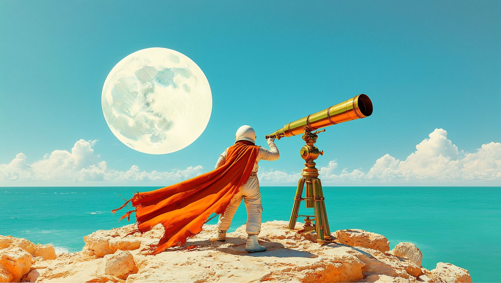 Astronaut with an orange cape looking through a brass telescope at the moon